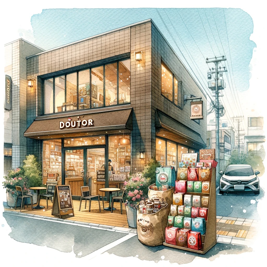 ドトールコーヒーショップの外観とそこで売られている福袋を描いたイラスト。店舗は親しみやすいブランディングと歓迎する雰囲気を持ち、店の前にはユニークなデザインと魅力的な内容で知られるドトールの福袋が展示されている。コーヒーショップの活気と暖かさを捉え、柔らかな水彩画の背景が全体の雰囲気を高めている。