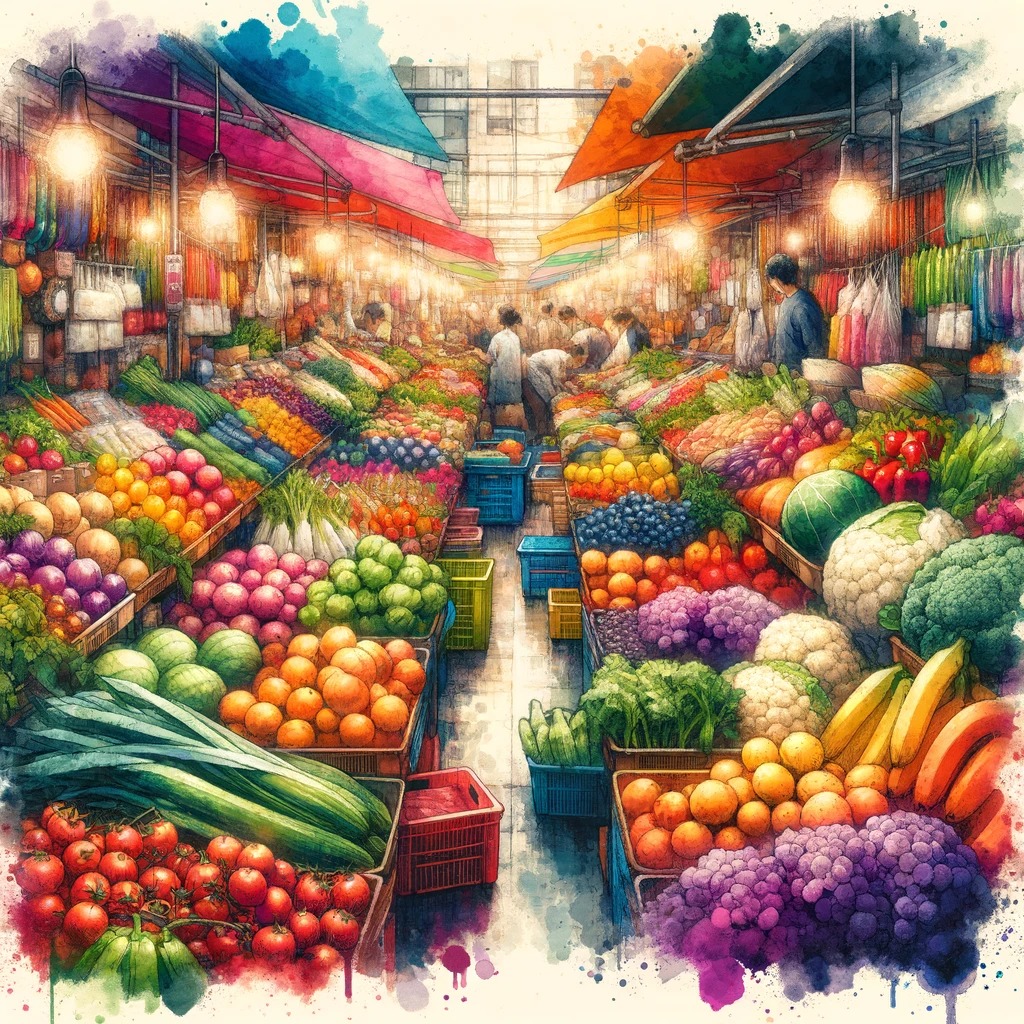 賑やかな市場の風景が描かれており、新鮮でカラフルな果物や野菜が所狭しと並べられています。市場の活気と食べチョク福袋2024の多様性を象徴しています。
