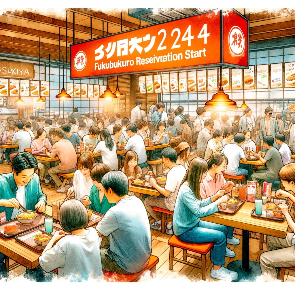 すき家福袋2024の予約開始 - 活気に満ちたすき家のレストランのシーン。客が楽しそうに食事をしている様子が描かれています。店内は伝統的かつモダンな雰囲気で、2024年の福袋予約開始への興奮が感じられる水彩画です。