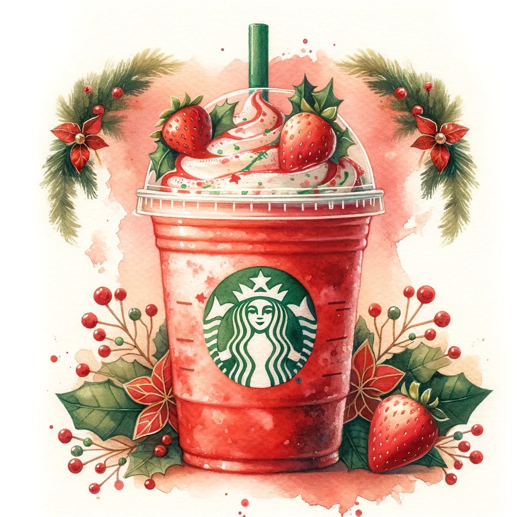 この画像は、スターバックスのクリスマス限定フラペチーノ、「ストロベリー メリークリーム フラペチーノ」を表現したものです。温かみのある水彩画のタッチで、フェスティバルな雰囲気が感じられる赤と緑の色合いが特徴的です。ストロベリークリームや祝祭的な装飾が、ホリデーシーズンのドリンクらしい華やかさを演出しています。