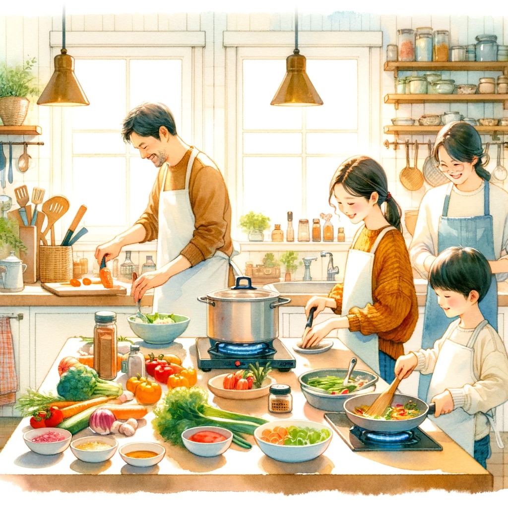 家族が一緒に料理を楽しむ様子が描かれており、キッチンは明るく、様々な食材が溢れています。食べチョク福袋2024を使った家庭料理の楽しさが表現されています。