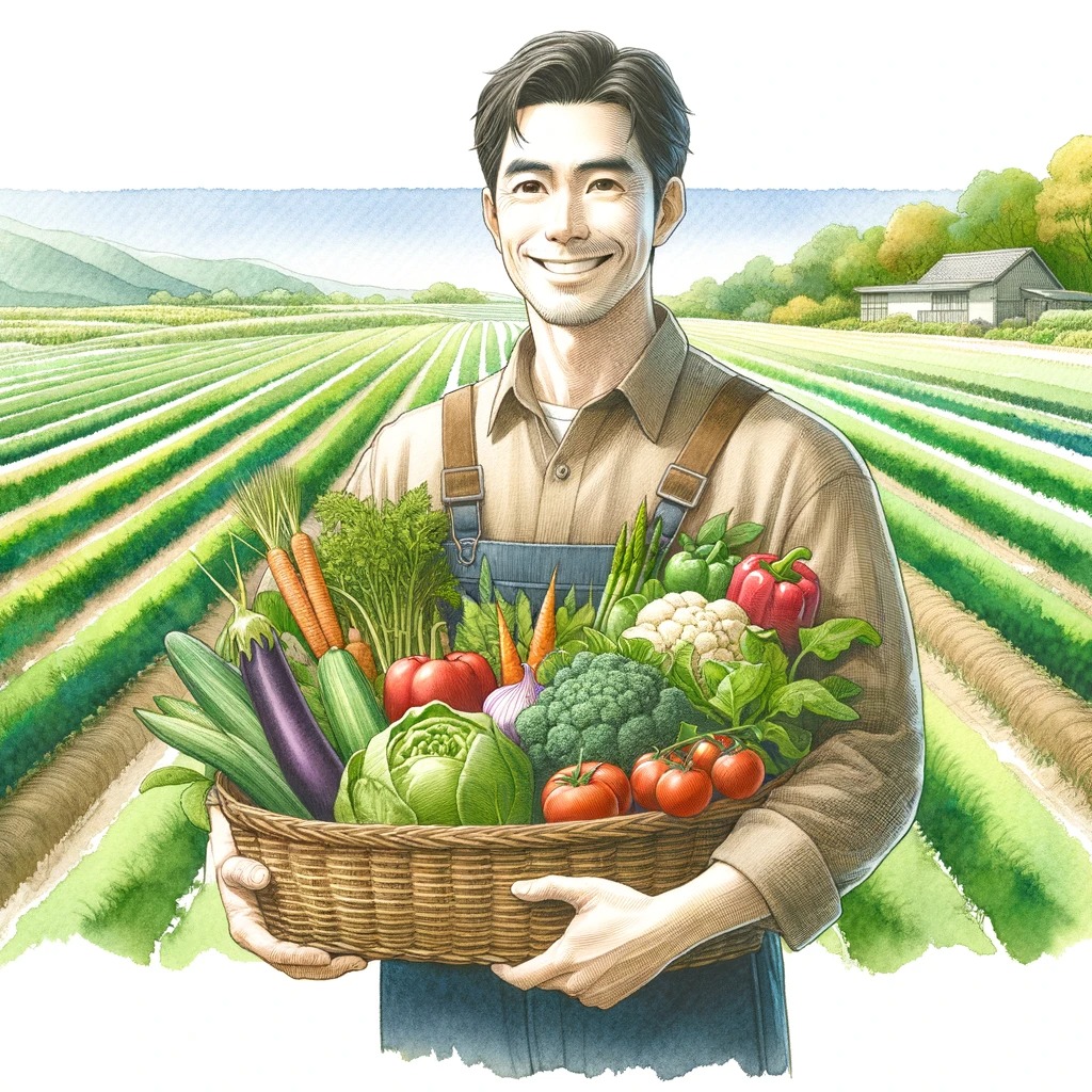 農場で誇らしげに新鮮な農産物の入ったかごを持つ農夫が描かれています。豊かな自然と農夫の情熱が食べチョク福袋2024の品質を象徴しています。