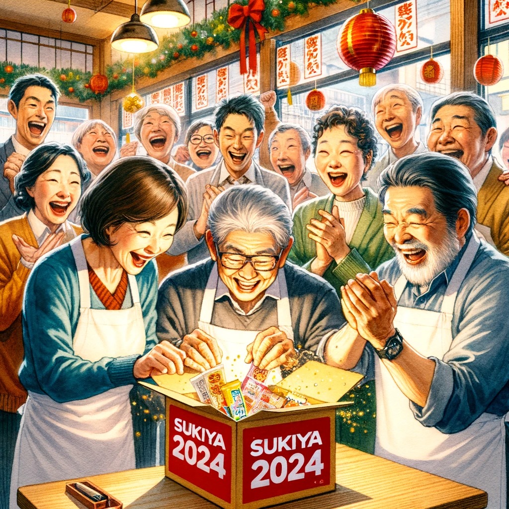 すき家福袋2024の特典 - 顧客がすき家の2024年福袋を開ける喜びと期待が描かれています。さまざまな年齢と背景を持つ人々がサプライズギフトボックスを開けているシーンで、特別なボーナスとオファーを強調しています。祭りのような雰囲気の中、喜びと驚きの表情に焦点を当てた水彩画です。
