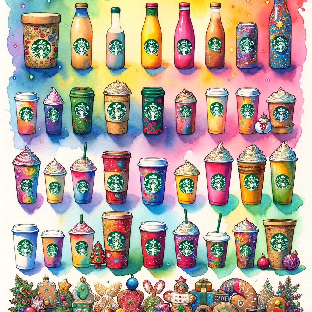 クリスマスで華やかに装飾されたスターバックスの店内を表現しています。暖かく心地よい水彩画のタッチで、クリスマスの飾り付けやライトが特徴的で、ホリデーシーズンのコーヒーショップの居心地の良さと祝祭的な雰囲気を見事に捉えています。