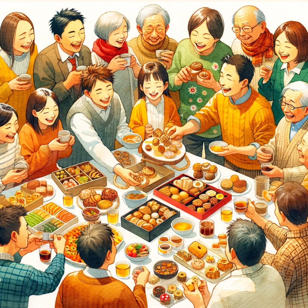 さまざまなスナックを共有し楽しむ人々の楽しい瞬間を描いており、湖池屋福袋のコミュナルで祝祭的な精神を捉えています。様々な年齢や背景の人々が一緒になって、スナックを楽しむ様子が描かれています。