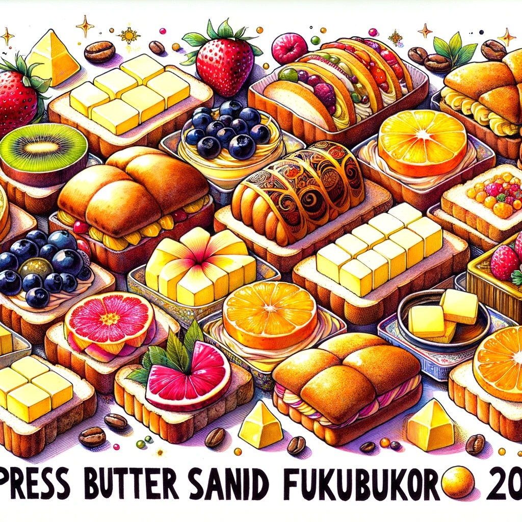 カラフルでアーティスティックなプレスバターサンド福袋2024を象徴するバターサンドのアレイ。新年の祝祭を捉えた、果物やコーヒーのフレーバーが異なるエレガントな配置。