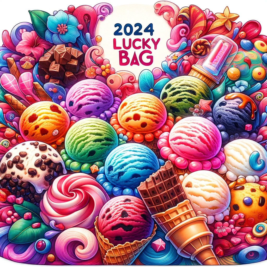 多彩なアイスクリームのフレーバーを鮮やかに表現したイラストです。2024年のバスキンロビンズの福袋の内容の多様性と魅力を象徴するようなデザインで、各フレーバーが芸術的で目を引く方法で表現されています。アイスクリームは魅力的で誘惑的に見え、祝祭的でワクワクする福袋の本質を捉えた視覚的に魅力的な構成で配置されています。