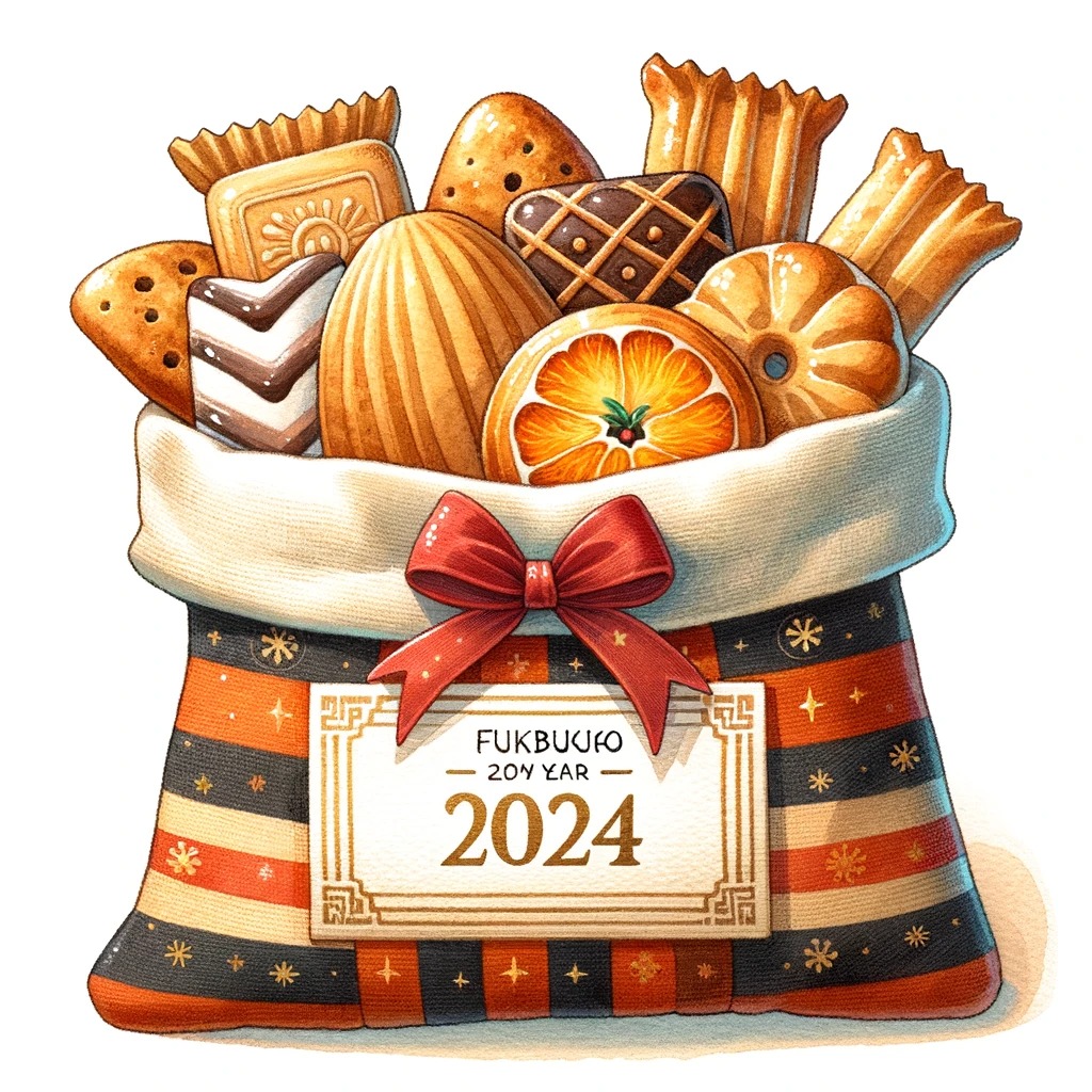 2024年の銀座コージーコーナーの福袋を水彩画風で表現したイラスト。福袋にはクッキーやマドレーヌなどのスイーツが詰められており、新春の雰囲気を感じさせるデザインが特徴です。