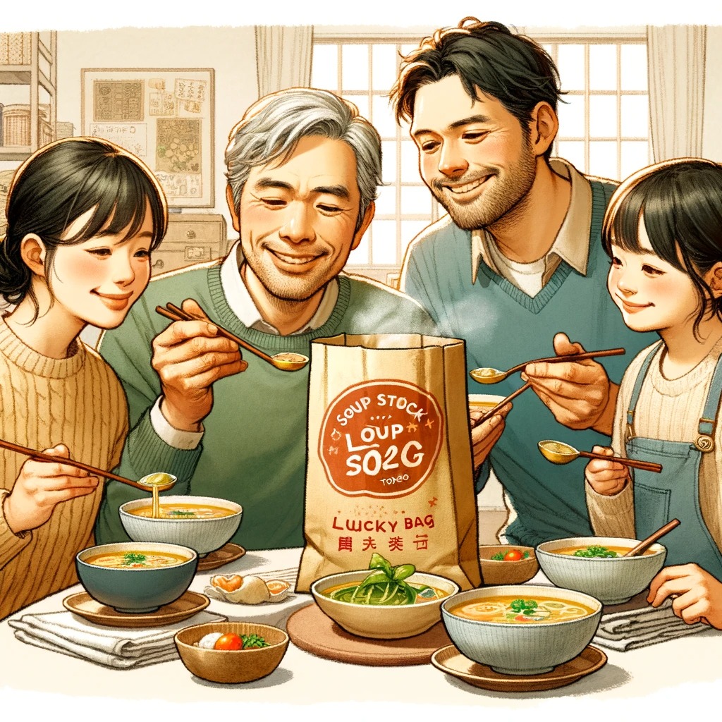 家族で楽しむスープストックトーキョー福袋2024: 家族が一緒にスープを楽しんでいるシーンを描いたイメージです。幸せな雰囲気と共有の喜びが水彩画スタイルで表されています。