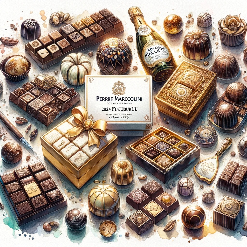 ピエールマルコリーニ2024年の福袋からの高品質なチョコレートの豪華なコレクションを表現しています。様々な形と色のチョコレートが、贅沢さと味わいを象徴しており、水彩画スタイルがその豪華さを一層引き立てています。