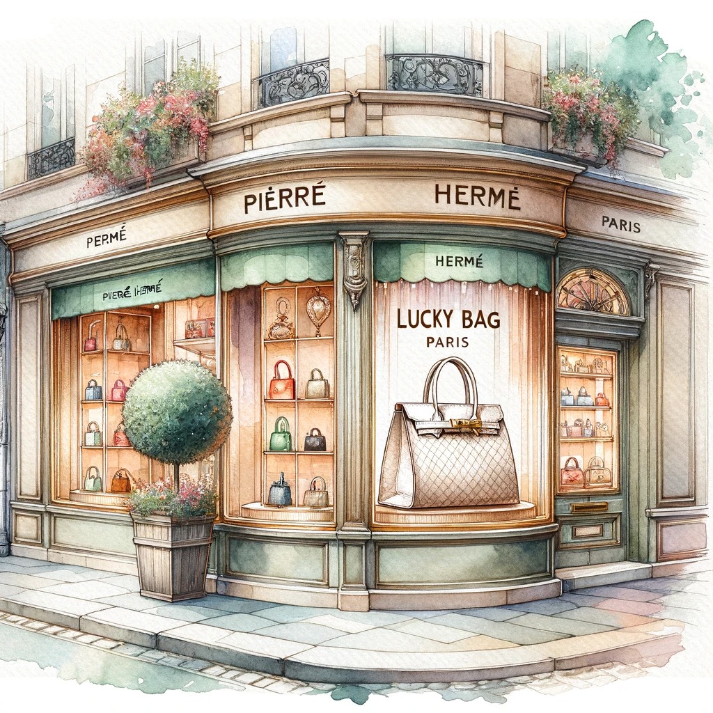 ピエール・エルメ・パリの店舗のフロントを、水彩画風に魅力的に描いたものです。2024年のラッキーバッグが窓に目立つように展示されており、ブランドの高級感と独占性を反映しています。