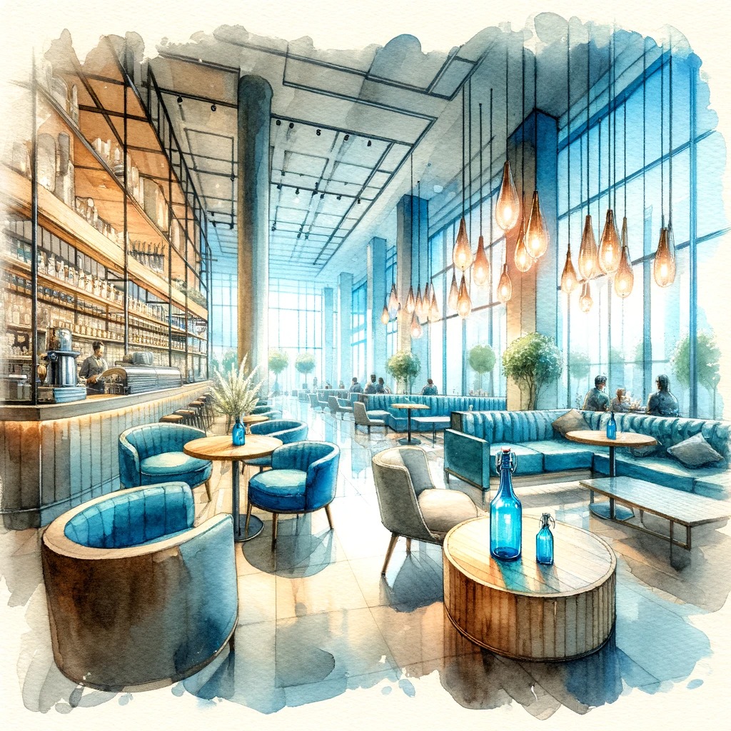 ブルーボトルコーヒーショップの内装を描いた水彩画。この画像は、コーヒー愛好家が高品質のコーヒー体験を楽しむユニークで芸術的な環境を表現しています。