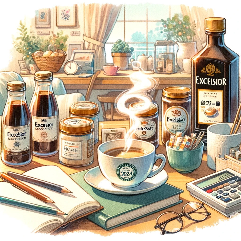 自宅で楽しむカフェタイムの雰囲気を描いた居心地の良いホームカフェのシーン。蒸気立つコーヒーカップ、良い本、そして福袋2024からのエクセルシオール製品が特徴です。この画像は、家でのカフェ体験の快適さと楽しさを水彩画風に表現し、リラックスと喜びの雰囲気を作り出しています。