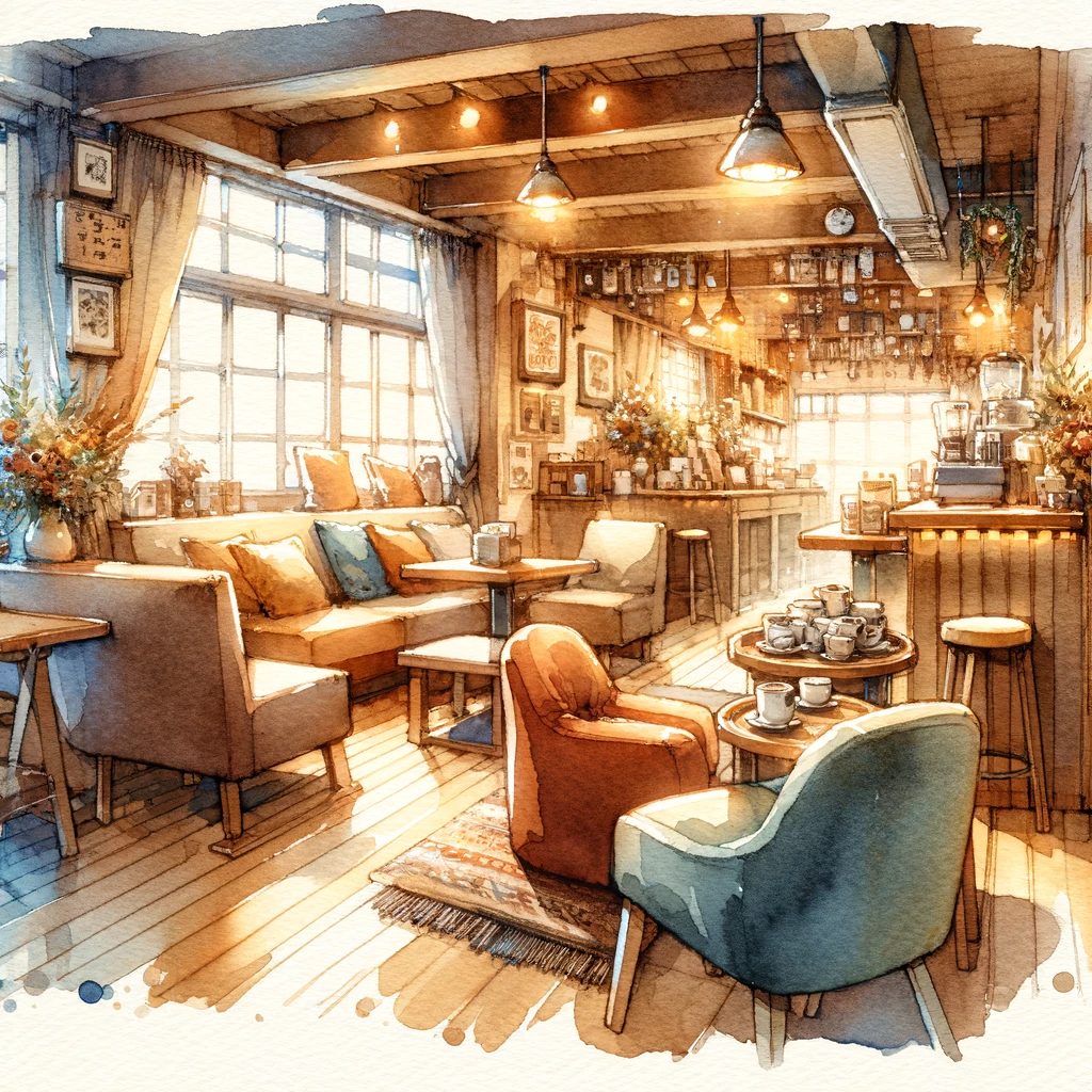 上島珈琲店の温かく居心地の良い店内を描いた水彩画です。快適な座席、暖かい照明、そしてコーヒー関連の装飾が、歓迎されるリラックスした雰囲気を表現しています。