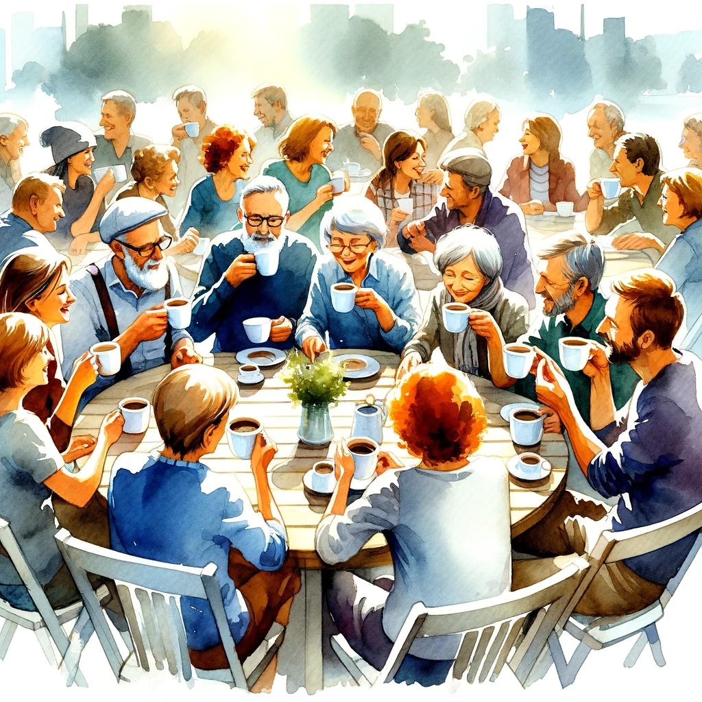 人々が一緒にコーヒーを楽しんでいる様子を描いた心温まる水彩画です。このイラストは、友人や大切な人とコーヒーを共有する際の共同体的で楽しい体験を表しています。