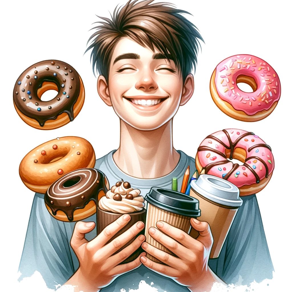 幸せそうな表情で多種多様なドーナツを手に持つ人物を描いた画像です。ドーナツの魅力と購入時の喜びが伝わる水彩画風のイラストです。