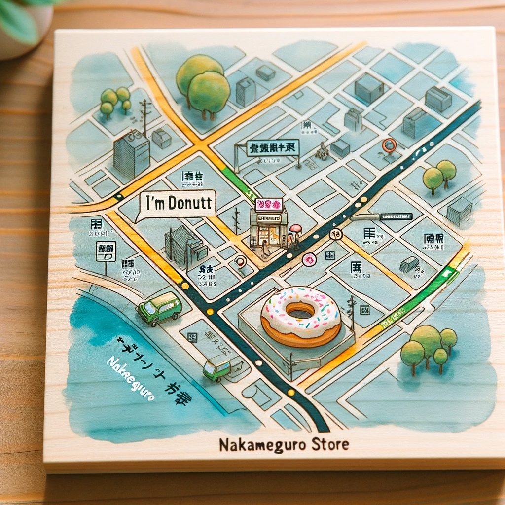 中目黒駅からアイムドーナツ中目黒店へのアクセスを示す地図の画像です。店の位置と周辺環境が分かりやすく描かれており、水彩画風で表現されています。