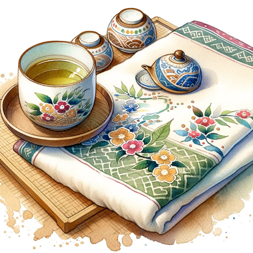 美しく刺繍されたタオルとユニークな日本製のティーカップのセットを特徴とする水彩画。2024年のナナズグリーンティー福袋のエレガンスとユニークさを表現しています。