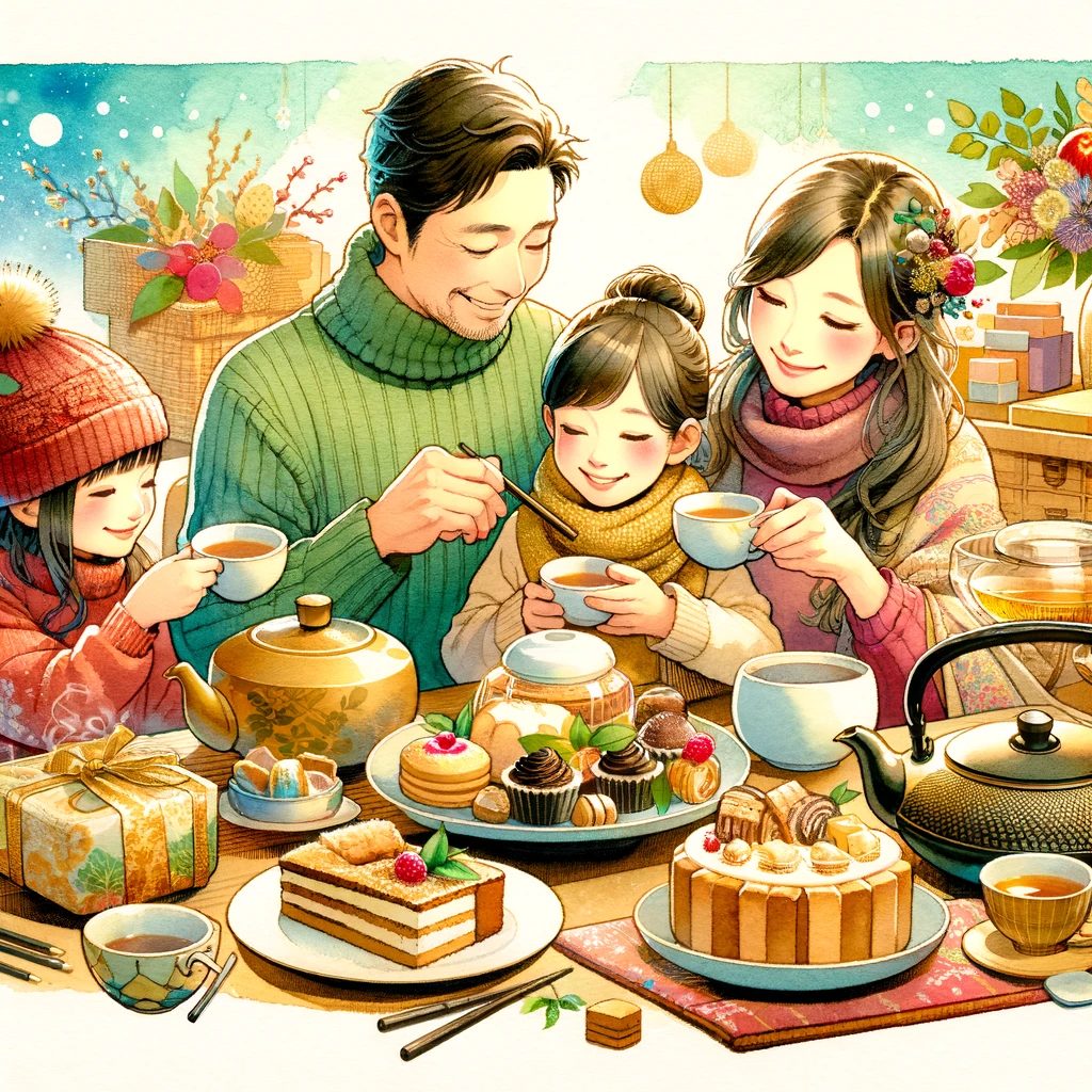ナナズグリーンティー福袋からのアイテムを使用して、新年を祝う家族の温かくお祭り気分のティータイムを捉えた水彩画。家族が一緒にお茶を楽しむ様子を描いています。