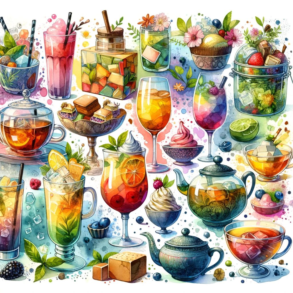 様々な紅茶のアレンジレシピを表現した水彩画。アイスティーや紅茶ベースのデザートなど、色鮮やかで創造的なレシピが描かれています。