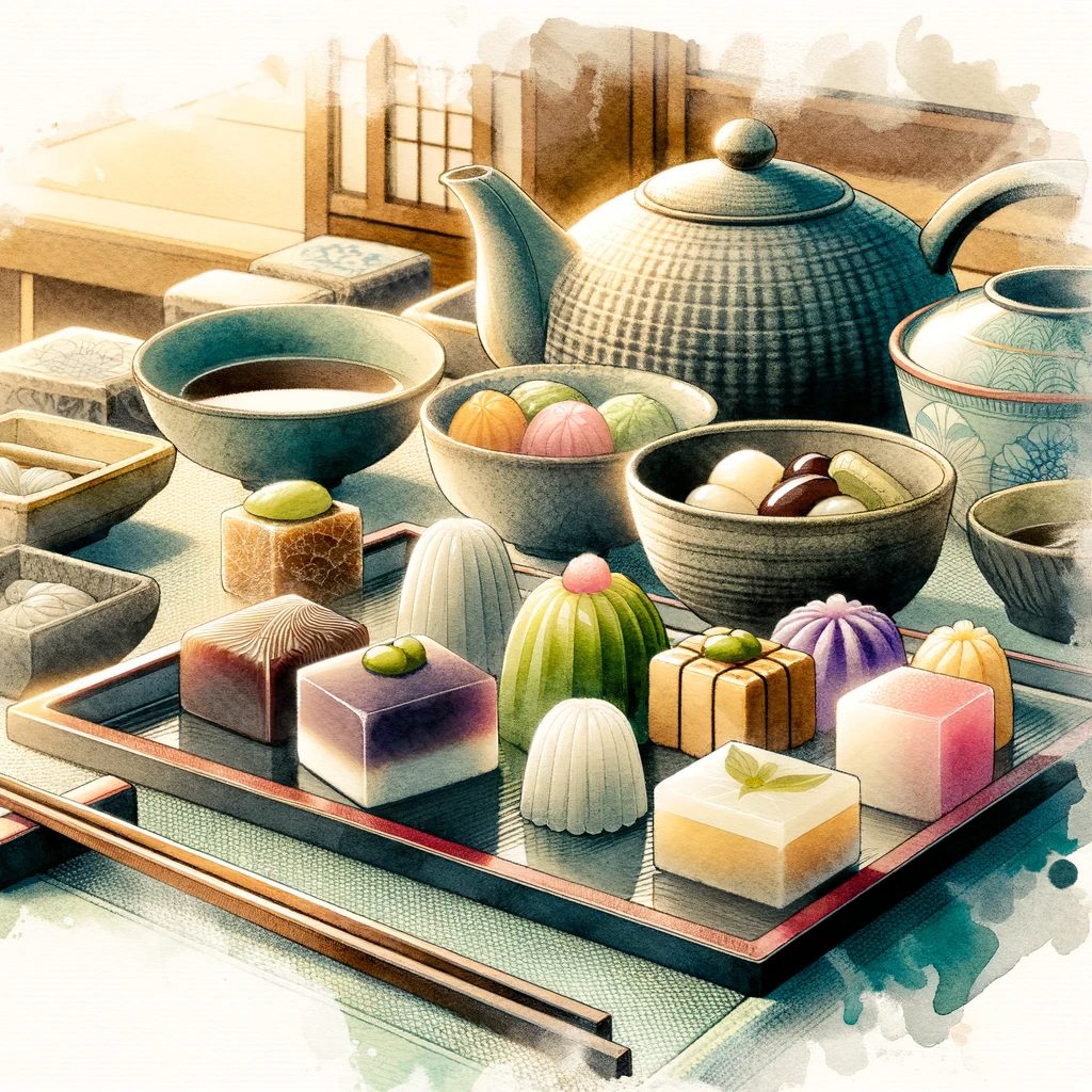 和菓子、特にあんこやようかんが美しく盛り付けられた日本の茶道のセットを描いた画像です。この静かで伝統的な茶道の瞬間を水彩画風で描き、これらの甘味の文化的重要性を表現しています。