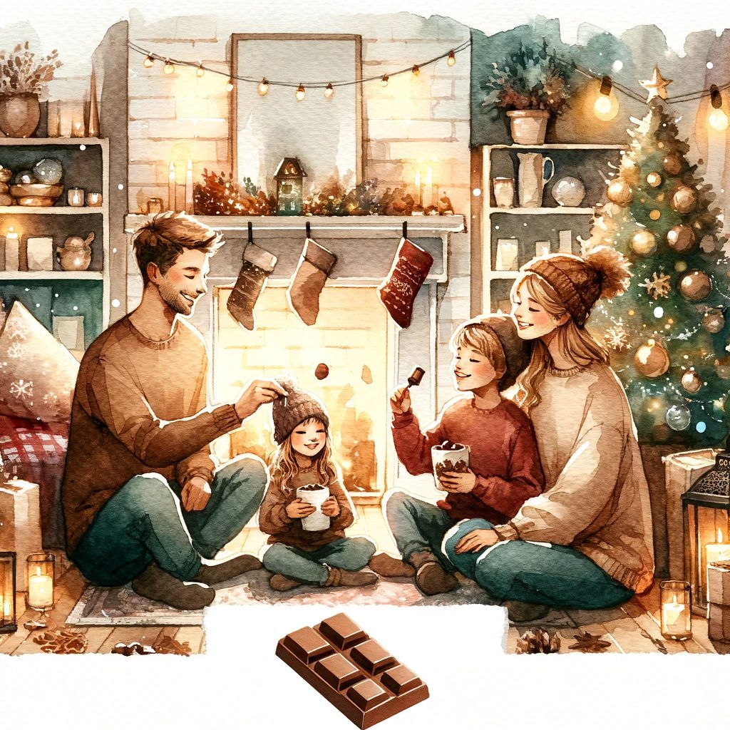 家族が暖かく快適な冬の集まりでミニマルチョコレートを共有している様子を描いた、温かみのある水彩画のシーン。新年の喜びが表現されています。