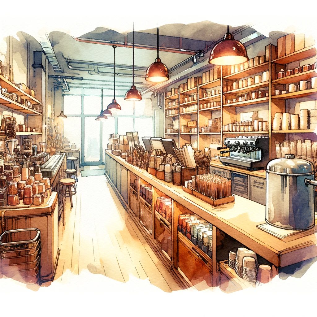 猿田彦珈琲店内の温かみのある内装を描いた絵です。カウンターに並ぶコーヒー関連のアイテムが特徴で、店のユニークな装飾とコーヒーアイテムが目立ちます。水彩画風で、暖かく招待するような雰囲気を持っています。