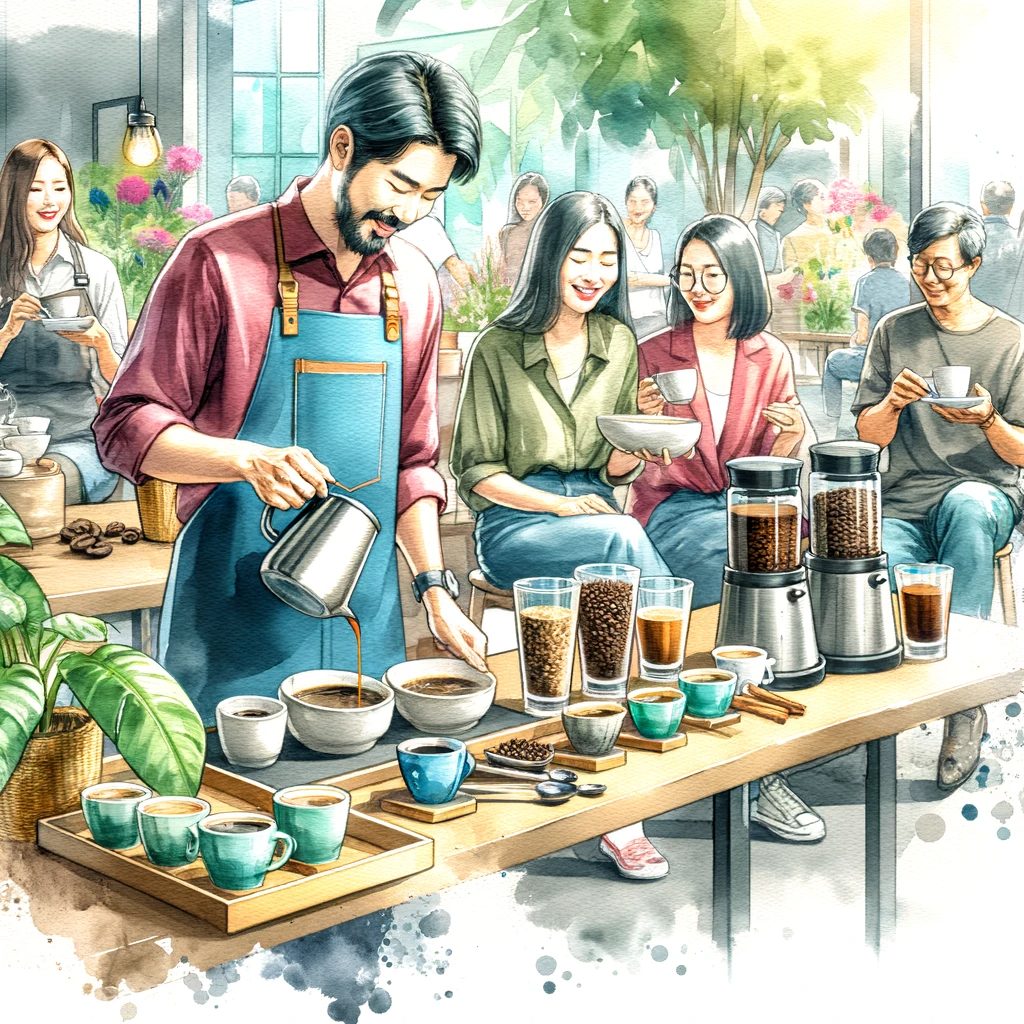 様々な種類のコーヒーを試飲する人々のシーンを描いた絵です。コーヒー愛好家がコーヒーの香りや味わいを楽しんでいる様子が表現されています。水彩画風で、活気に満ちた歓迎するような設定です。
