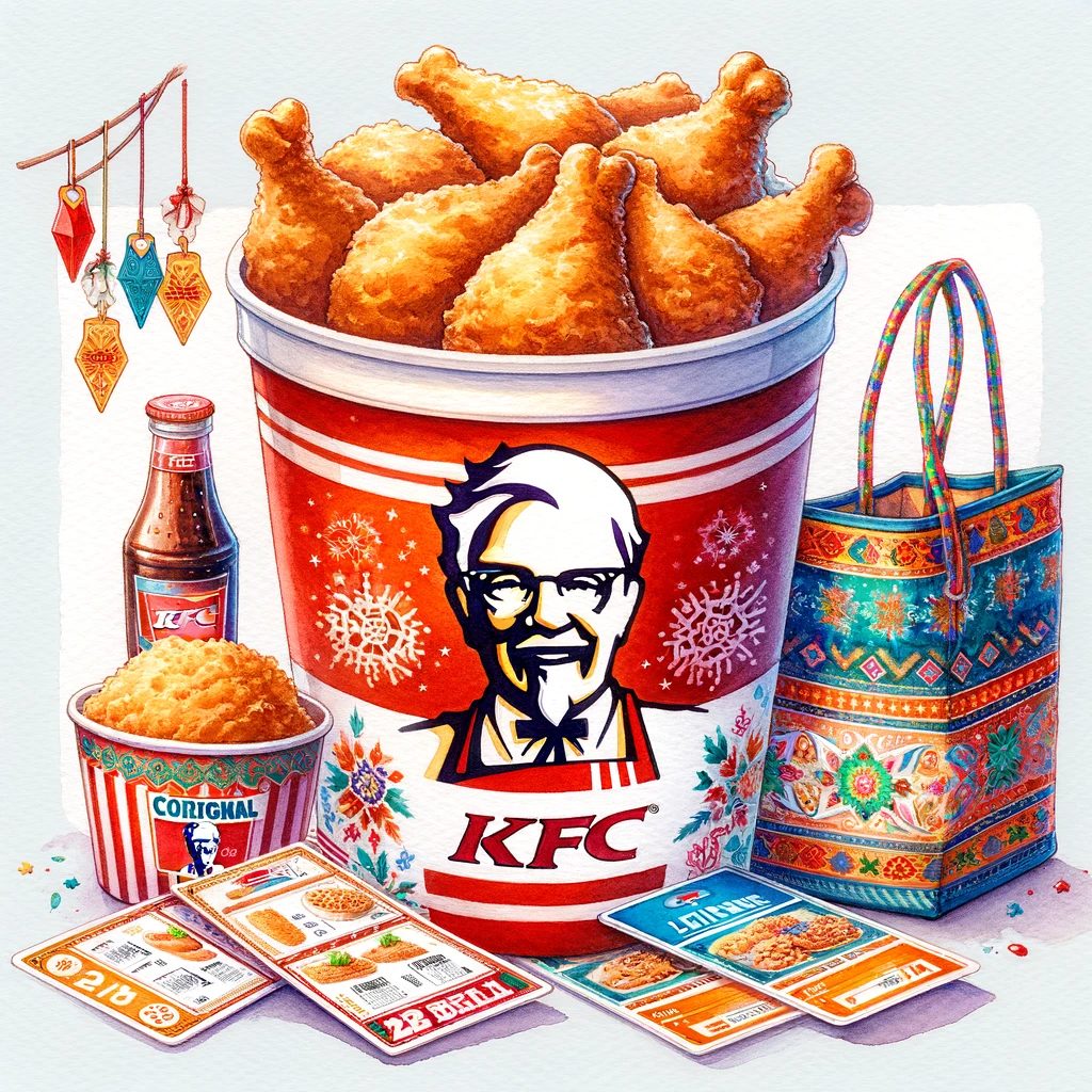 KFCのオリジナルチキンのバケツが中心にあり、カラフルな食事券に囲まれ、隣には鮮やかなレジャーバッグが描かれた水彩画です。明るい背景がアイテムの祝祭的な雰囲気を際立たせています。
