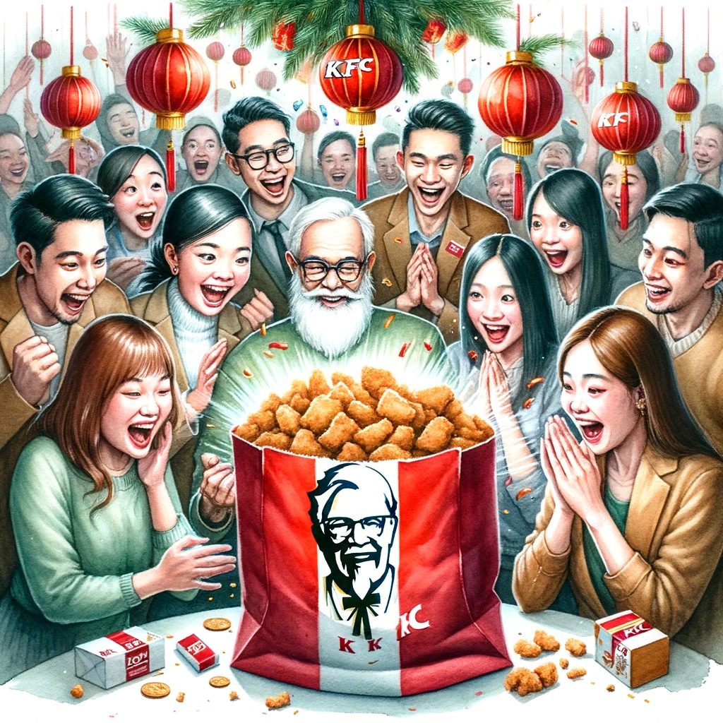 新年を祝う様々な人々がケンタッキーの福袋を開ける瞬間を捉えた水彩画です。各々が喜びや驚きのユニークな表情をしており、KFCのグッズでいっぱいの大きな福袋の周りに集まっています。祝祭的な背景が新年の祝賀の雰囲気を伝えています。