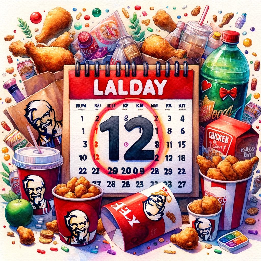 ケンタッキーの福袋の発売日がマークされたカレンダーを特徴とした水彩画です。カレンダーは焦点で、日付が明るい色で囲まれています。カレンダーの周りには、チキンバケツ、飲料、小さなスナックなどのさまざまなKFCのアイテムがあり、祭りの要素と日常生活が混ざり合った背景に対して芸術的に配置されています。