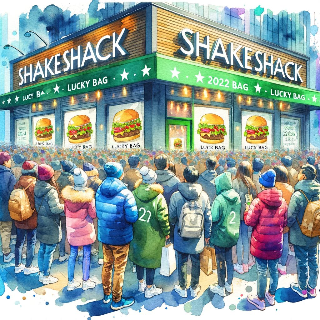 シェイクシャック店舗前に集まるファンたちの、生き生きとした水彩画の光景。2024年のラッキーバッグ購入を待ちわびる人々の興奮が描かれている。幸せそうにラッキーバッグを持つ人々が、体験の熱狂と喜びを表している。店と人々は、祭りのような雰囲気を強調する鮮やかな水彩スタイルで描かれている。