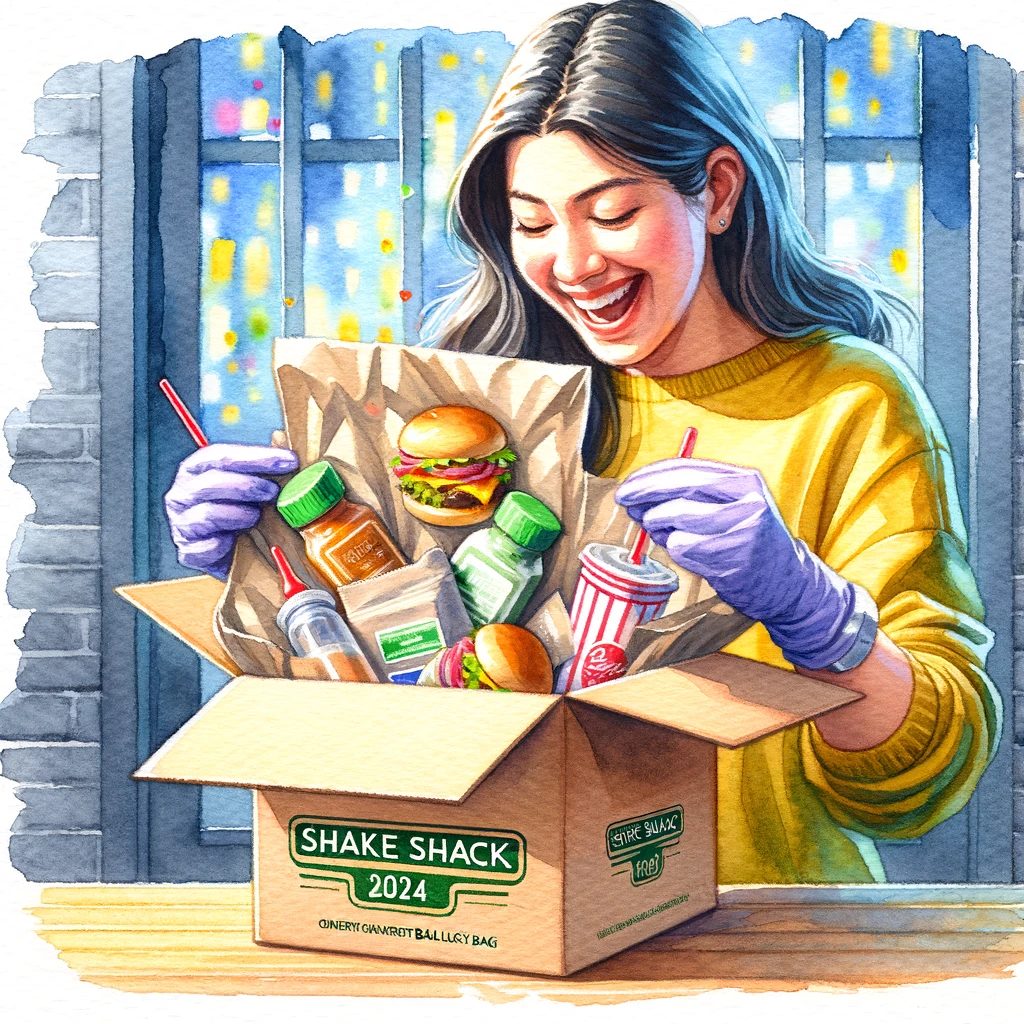 シェイクシャックの2024年ラッキーバッグを開ける人の幸せな表情を描いた水彩画。中に入っているさまざまなアイテムを発見するときの興奮と驚きが表現されている。この瞬間の喜びが、人物の表情と色鮮やかな水彩スタイルを通じて強調されており、ラッキーバッグの中身を発見する楽しい体験が描かれている。
