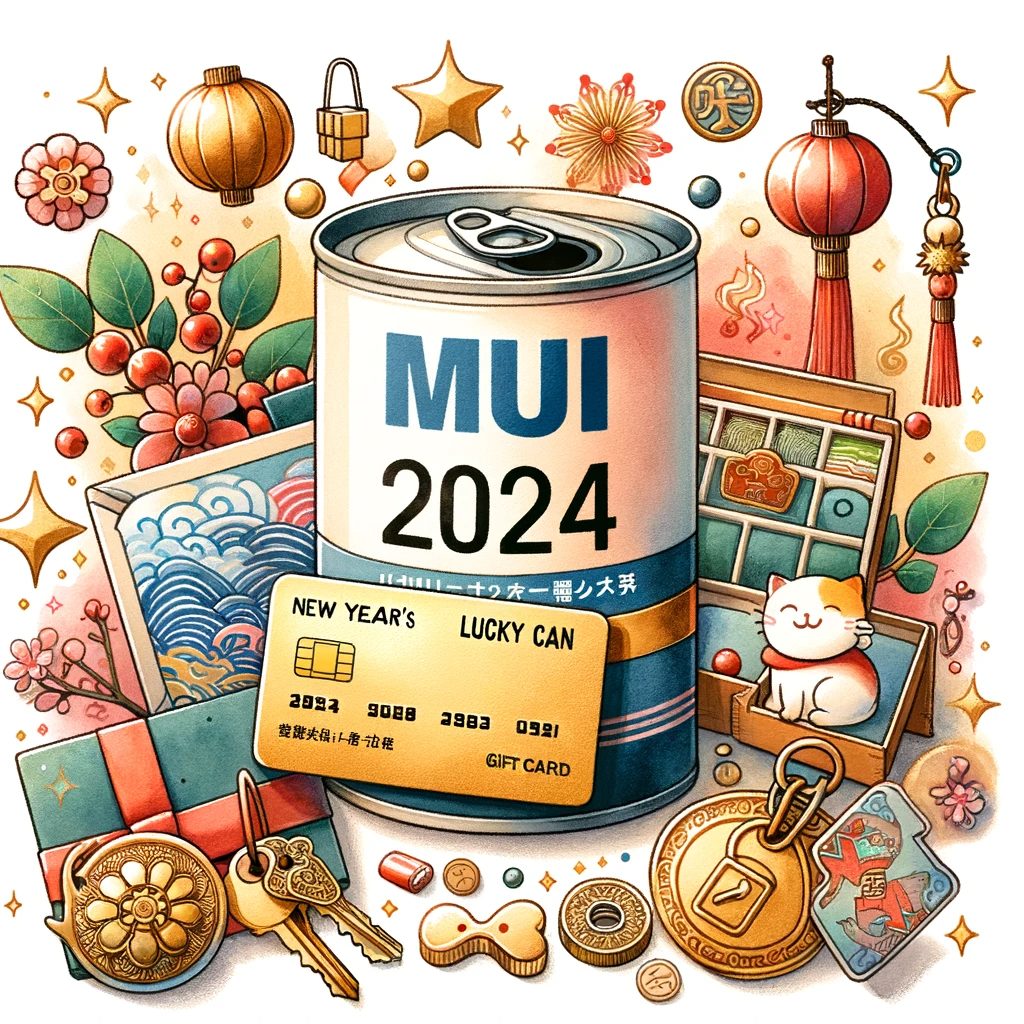 無印良品の2024年福缶を象徴するイメージ。新年の幸運を表す縁起物とMUJIギフトカードが特徴的に描かれています。