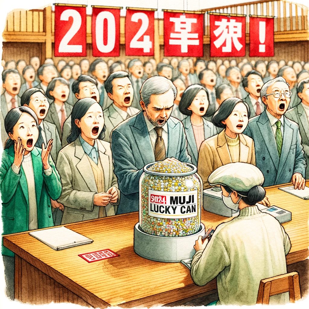 2024年の無印良品福缶抽選のシーンを描いたイラスト。ワクワクする抽選の瞬間と、期待に満ちた人々の表情が特徴です。