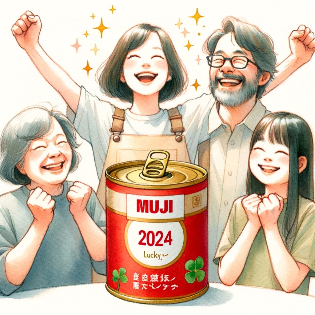 無印良品の2024年福缶を手にした人々の喜びの瞬間を描いたイラスト。幸せな表情とともに、福缶の中身が優しく描かれています。
