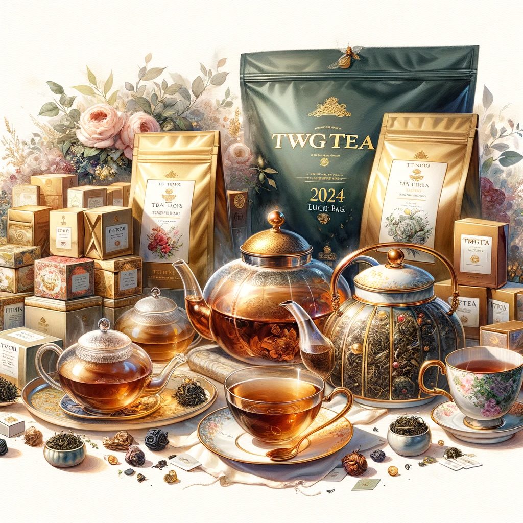 TWGTea 2024ラッキーバッグの贅沢さと多様性を象徴する豪華なティーバッグ、エレガントなティーポット、お洒落なティーカップが美しく配置されています。
