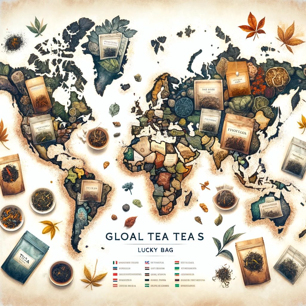 TWGTea 2024ラッキーバッグに触発された、世界のティーテイスティングの旅を表現したアート。世界地図に、様々な国を象徴するティーリーフとティーバッグが散りばめられています。