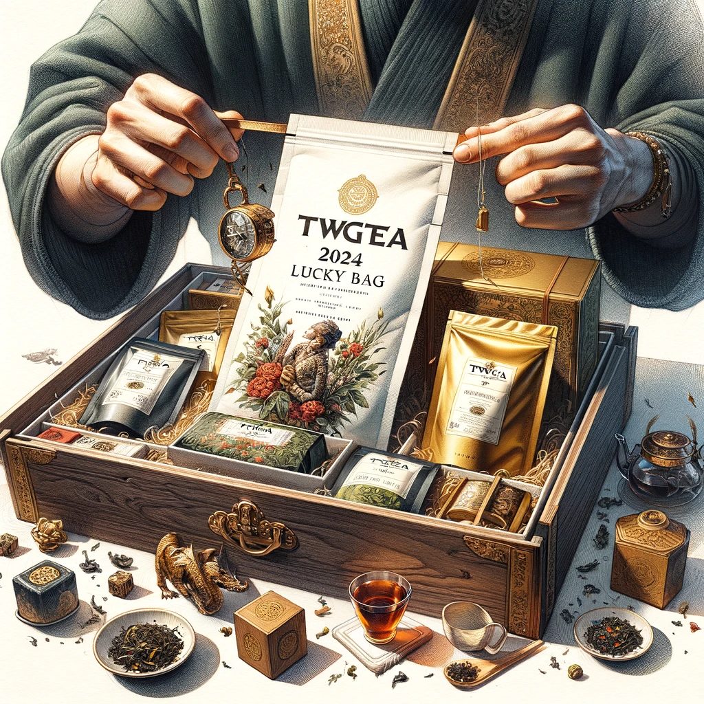 TWGTea 2024ラッキーバッグを開封する際のエレガントで独占的な体験を映し出すイメージ。高級なティーボックスが開かれ、中からプレミアムなティーバッグと独特のティーアクセサリーが見えます。