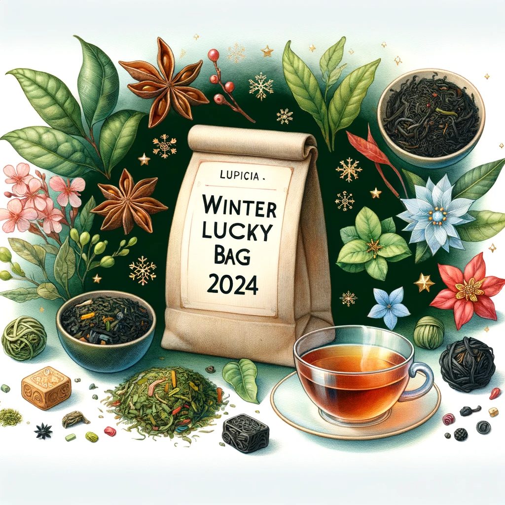 水彩画で描かれたルピシアの冬福袋2024のイラスト。紅茶、緑茶、烏龍茶の茶葉とティーカップが特徴的に表現されている。