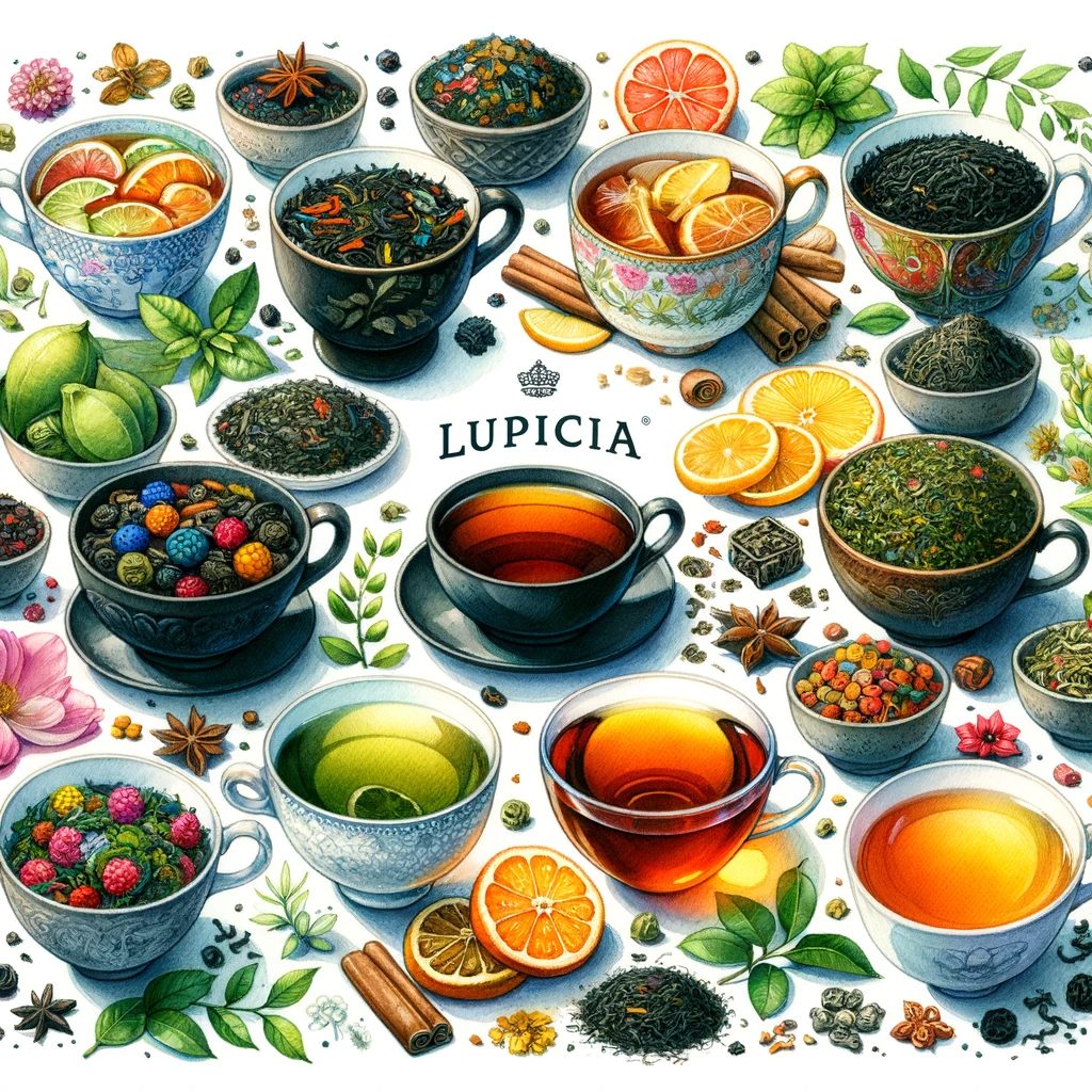 ルピシアのさまざまなお茶の種類を色鮮やかに描いた水彩画。フレーバードティー、紅茶、緑茶、烏龍茶が豊かな色彩で表現されている。