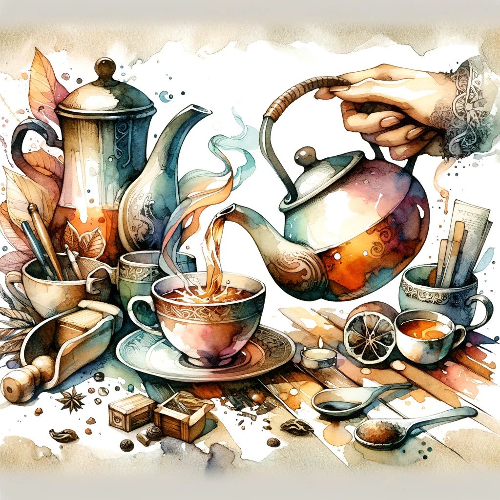ルピシアのお茶を淹れる様子をアーティスティックに捉えた水彩画。ティーポットやカップ、お茶を淹れる手元が美しく描かれている。