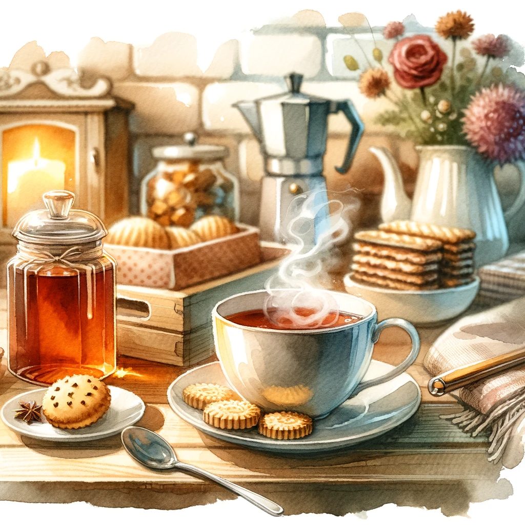 この画像は、温かい紅茶のカップとスナックが置かれたリラックスした雰囲気のティータイムを水彩画風で表現しています。暖かい色合いと家庭的な感じが心地よさを演出しています。