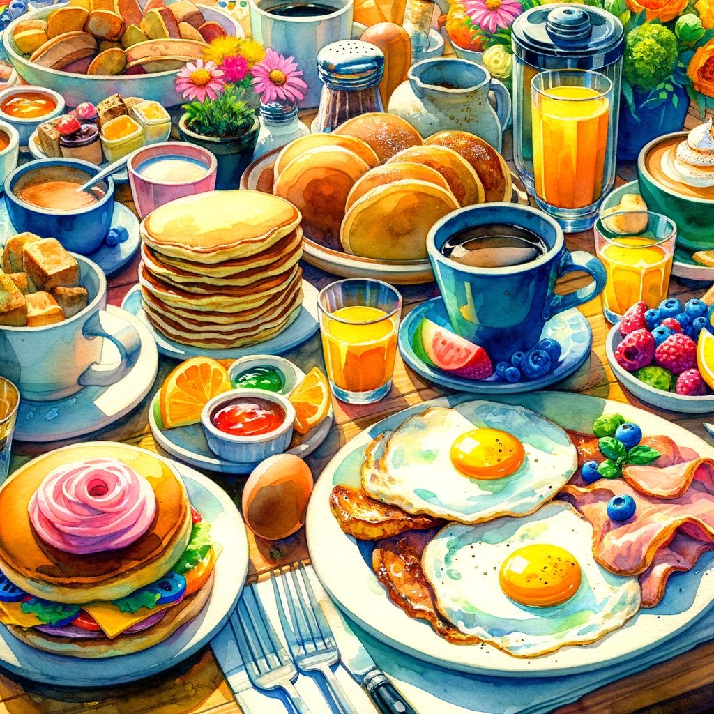 家族の暖かさと喜びを感じさせる、Eggs 'n Thingsの人気メニューを描いたカラフルで魅力的な朝食のシーン。