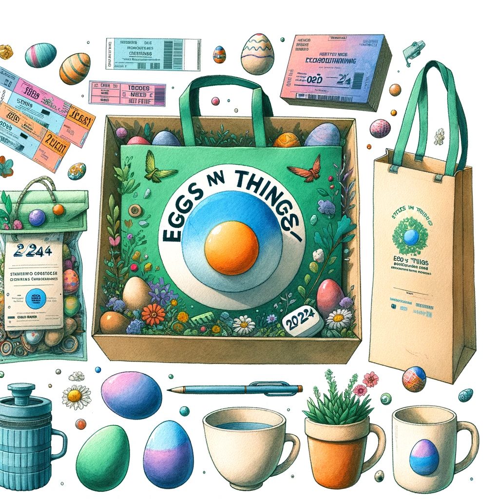 Eggs 'n Thingsの2024福袋に含まれる様々なアイテムをアーティスティックに表現し、その独特で特別な内容を強調した作品。