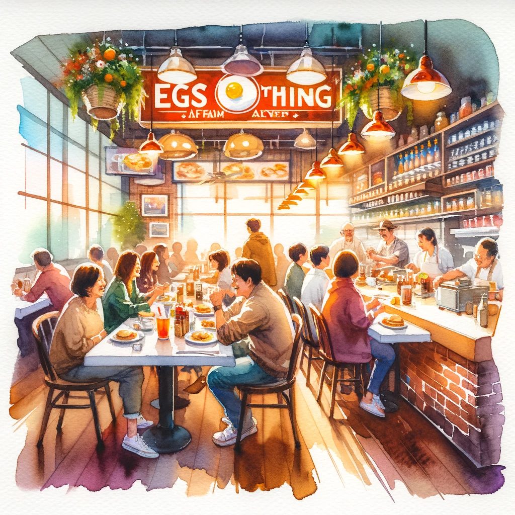 Eggs 'n Thingsで食事を楽しむ家族や友人の温かく賑やかなシーンを描いた作品。コミュニティと幸福の本質を表現。