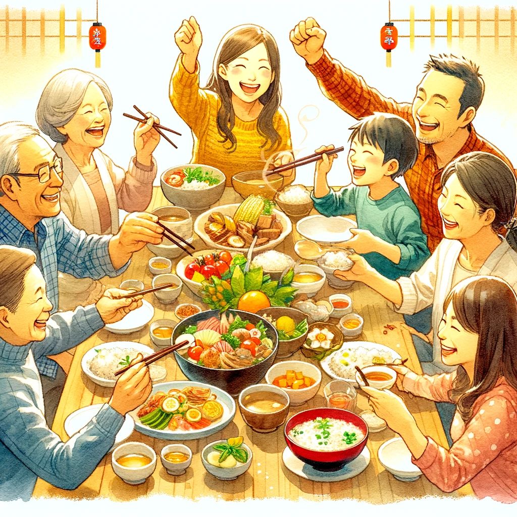 「久世福商店 福袋2024で楽しむ新年」を描いた画像は、祝祭のテーブルで様々な料理を共有する楽しい人々を描いています。この水彩画は、共有と祝祭の雰囲気を温かく表現しており、久世福商店の福袋がもたらす喜びとコミュニティ精神を象徴しています。
