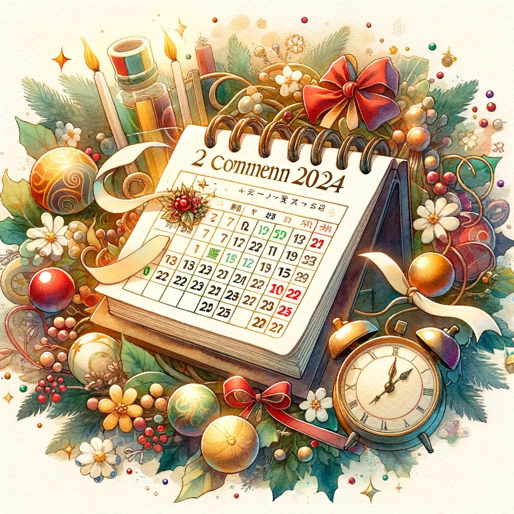 「久世福商店 福袋2024の予約開始」をテーマにした画像では、予約開始を示すカレンダーと祝祭の装飾が特徴です。この水彩画は、イベントに対する期待と興奮を色鮮やかに表しています。