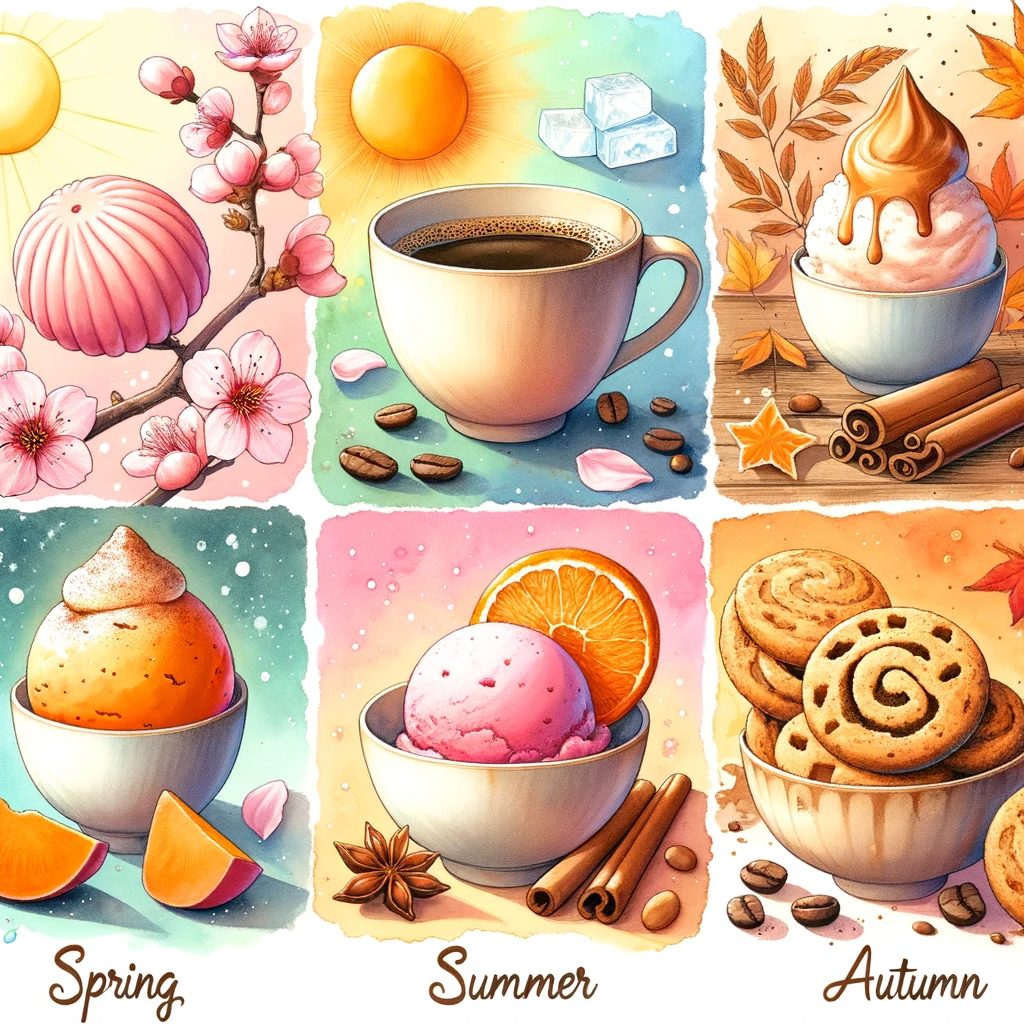 春の桜餅、夏のアイスクリーム、秋のスイートポテト、冬のシナモンクッキーなど、季節ごとのスイーツとコーヒーのペアリングを水彩画スタイルで表現した画像。各季節が特有の色彩と設定で視覚的に表現されています。
