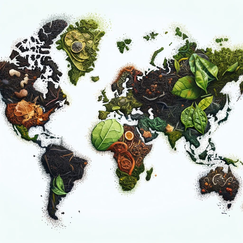 様々な種類の紅茶の葉を使って描かれた世界地図の水彩画。各大陸は独自の紅茶の葉で表現されており、マリアージュフレールの国際的な魅力を象徴しています。